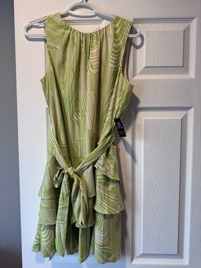Express Light Green and Cream Swirl Tie-Waist Mini Dress